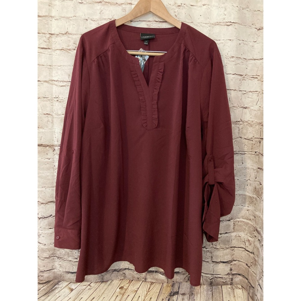 NEW Lane Bryant Top Womens 28 Tunic Maroon Red Ruffle Trim Roll Tab Sleeve Plus